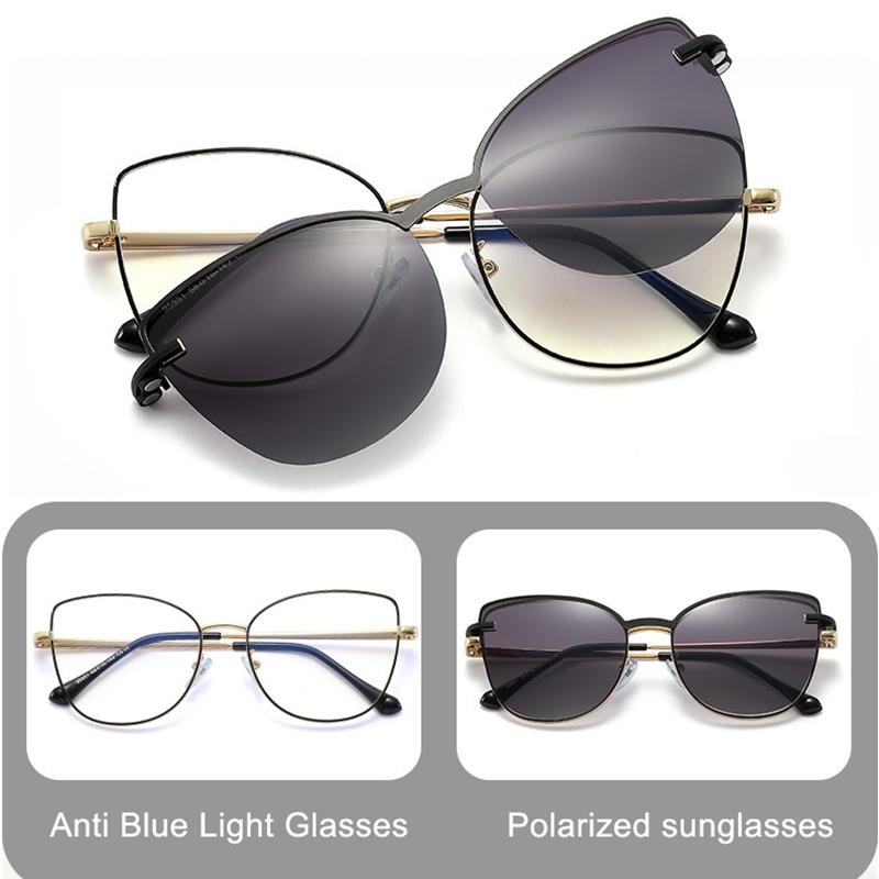 Magnet Clip On Sunglasses Fashion Anti Blue Light Eyewear Women Luxury Brand Metal Oval Frame 2 In 1 Eyeglasses