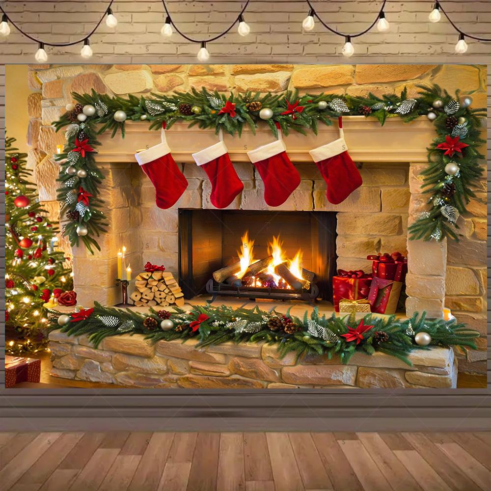 Christmas Photography Backdrop Xmas Tree Christmas Stocking Fireplace Background Banner Family Christmas Party Decoration Gifts35