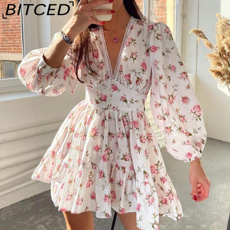 

BITCED Women s Elegant Sweet Floral Print V-Neck Pleated Short-Sleeve Spring Dress XXXL белый