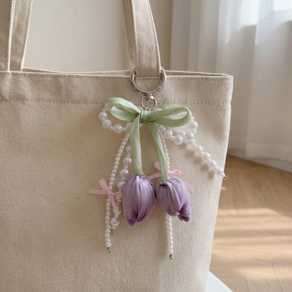 Cute Bag Charm Pendant Pearl Anti-loss Keyring INS Tulip Keychain Jewelry Wallet