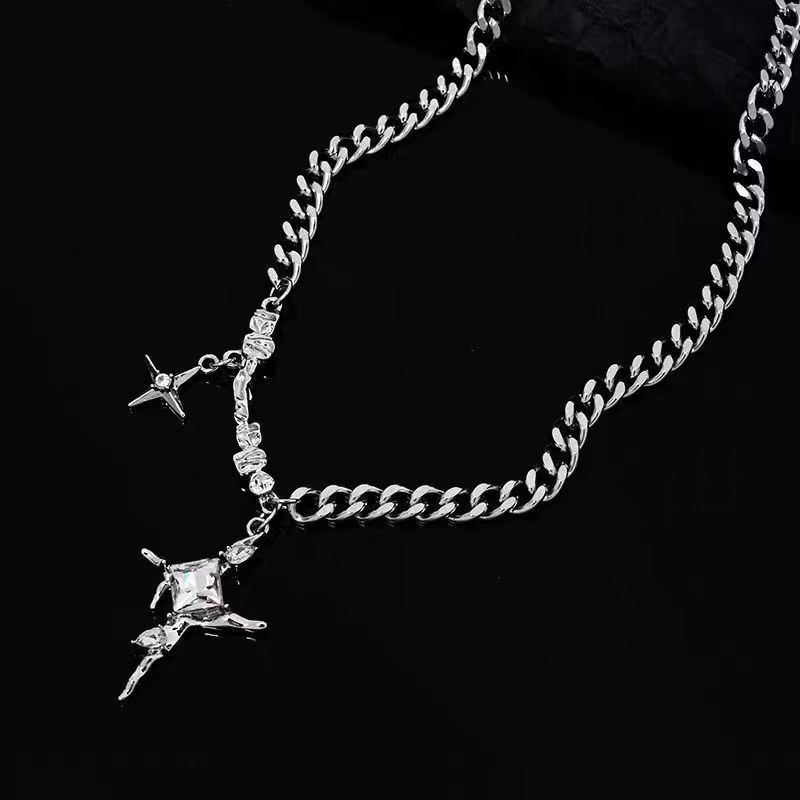 Mangxing Cuban Necklace Men's Trendy Hip-hop Collarbone Chain Women's High-end Cross Pendant Medium Cold Wind Jewelry