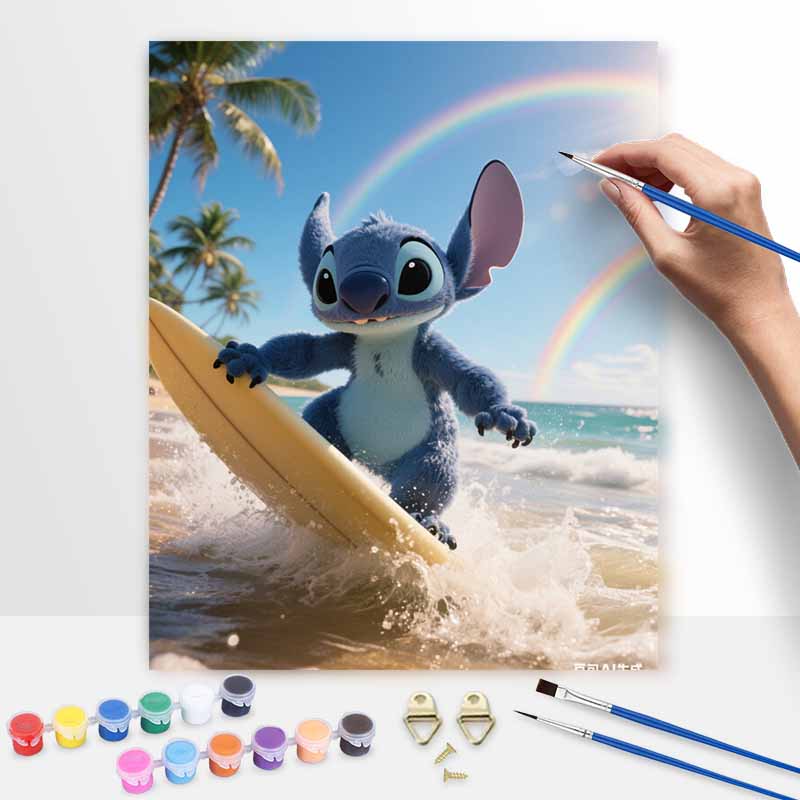 Disney Digital Oil Painting Art Kit Surfing Blue Alien Rainbow Beach Hand Filled Home Decor