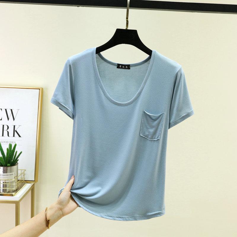 Women's U Neck T-Shirt 2026 Summer Modal Basic Short Sleeve Tshirts Loose Fit Relaxed Casual Tee Tops Solid Pocket Tees