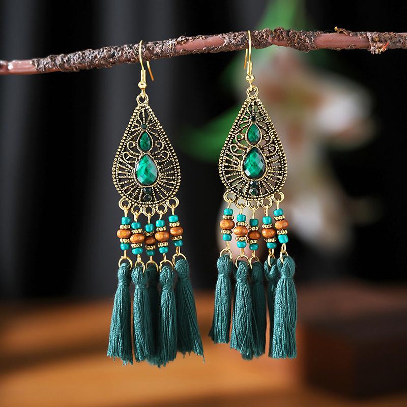 Bohemian Ethnic Style Tassel Earrings for Women Retro Waterdrop Round Fan Shaped Handmade Beaded Dangle Earring Lady Jewelry