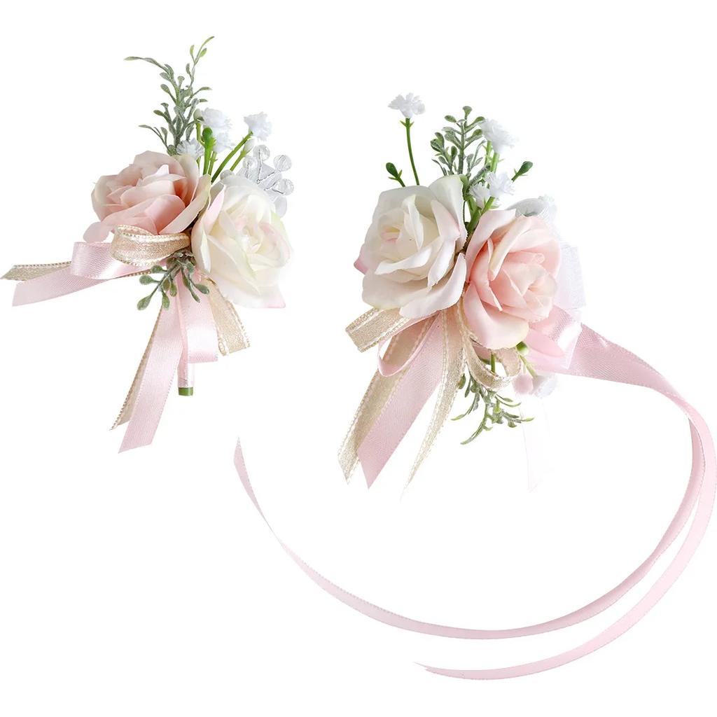 6pcs White Pink Corsage and Boutonniere Set Artificial Rose Wristlet Suit Flower for Men Wedding Party Prom Decoration