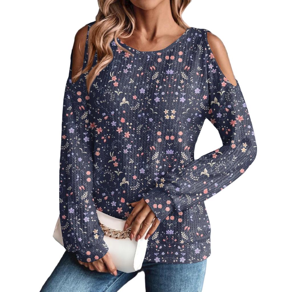 Women's /Winter Oversized T-Shirt Fashionable Off-the-Shoulder Round Neck Vintage Floral Print Pullover Long-Sleeved Top