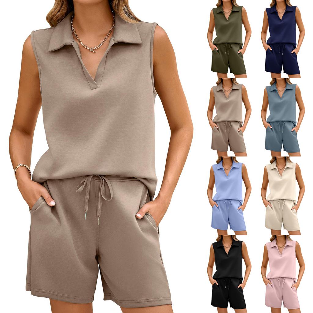 Women's Casual V-Neck Sleeveless Sports Two-Piece Set