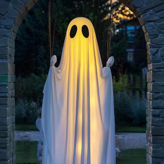 5 FT Hanging Swing Ghost Halloween Decoration LED Lighted Outdoor Large White Ghost Swinging Halloween Decor for Yard Tree Front Porch