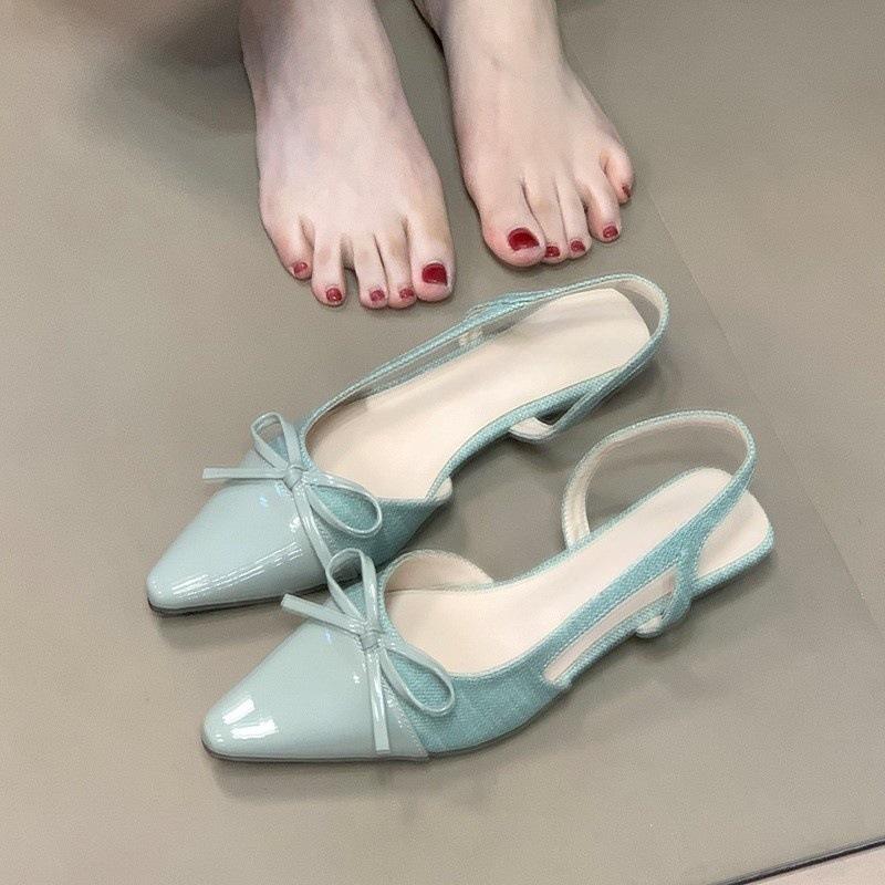 Gentle Temperament Shallow Mouth Women's Single Shoes 2025 Summer Bow French Back Empty Splicing Bag Head Sandals