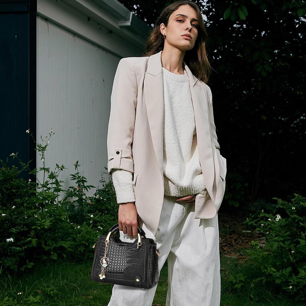 NICOLE & DORIS Women's Crocodile Embossed Handbag, 2-Way Shoulder Bag, Large Capacity, Waterproof, Popular, Double-Layered, Divided, with Bottom