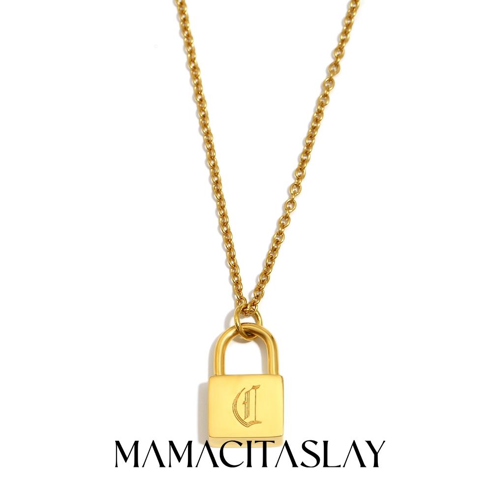 MamacitaSlay 316L Stainless Steel Ancient Letters Engaged Lock Pendant Necklace 18K Gold Plated Waterproof Neck Jewelry Gift