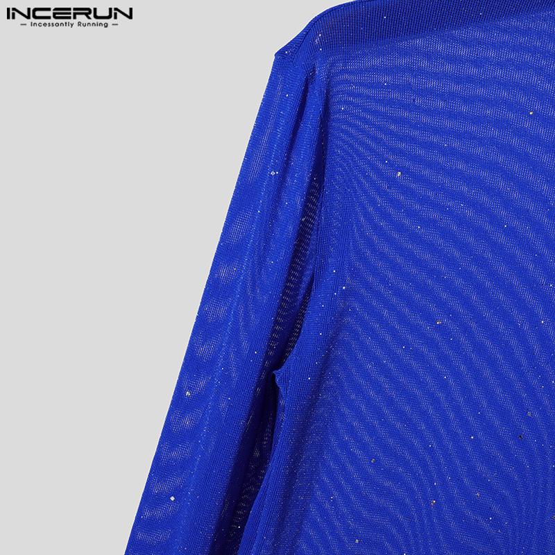 INCERUN Men Mockneck Long Sleeve Mesh Sheer Gloves Tops Slim Glitter Undershirts