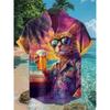 Men's Street Style Short-sleeved Shirt, Quirky Black Cat and Shark Print Casual Men's Top, Trendy and Fashionable Hawaiian Shirt
