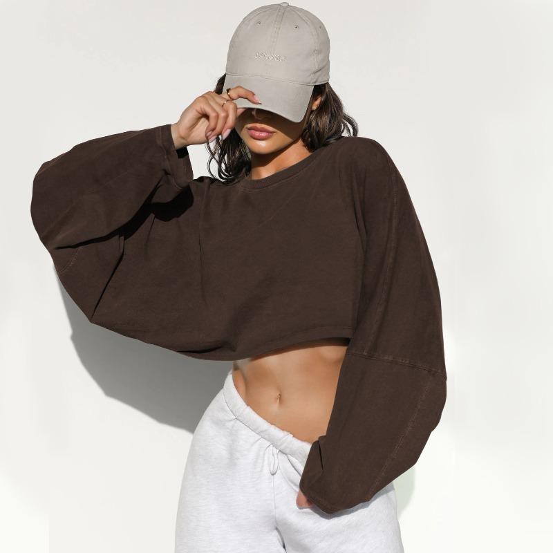 Women's Loose Cropped Solid Color Sweatshirt Casual Long Sleeve Pullover Top Streetwear Blouse