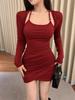 Women's Sexy Halter Neck Fake Two-Piece Dress – Long-Sleeved, Pleated Waist, Tight Hip-Wrap, Perfect for Autumn and Winter