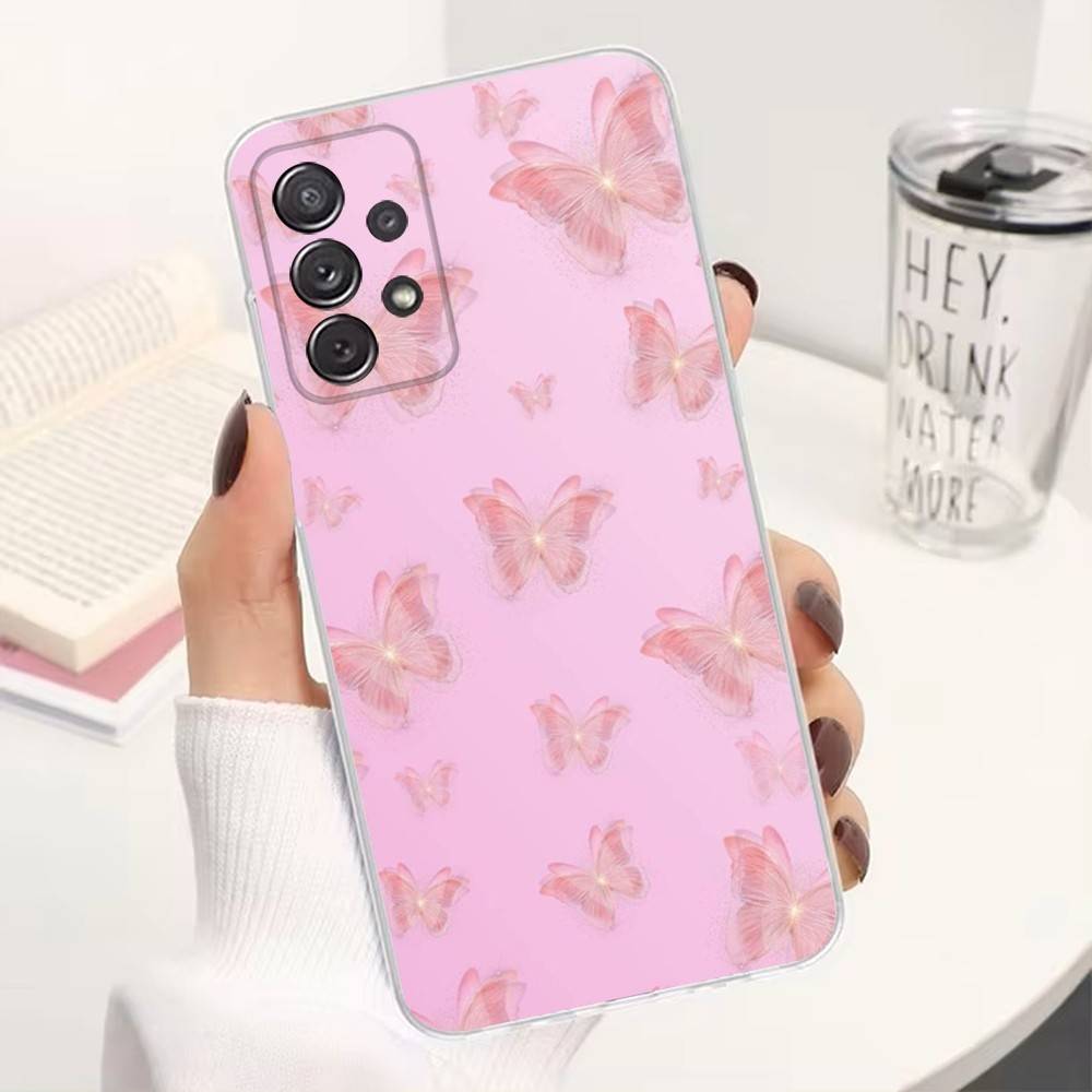 Pink Butterfly Pattern For Samsung A51,30,71,S9,Ultra,S20,FE,22,Lite,23,21,PIus,10,Transparent, Silicone Case