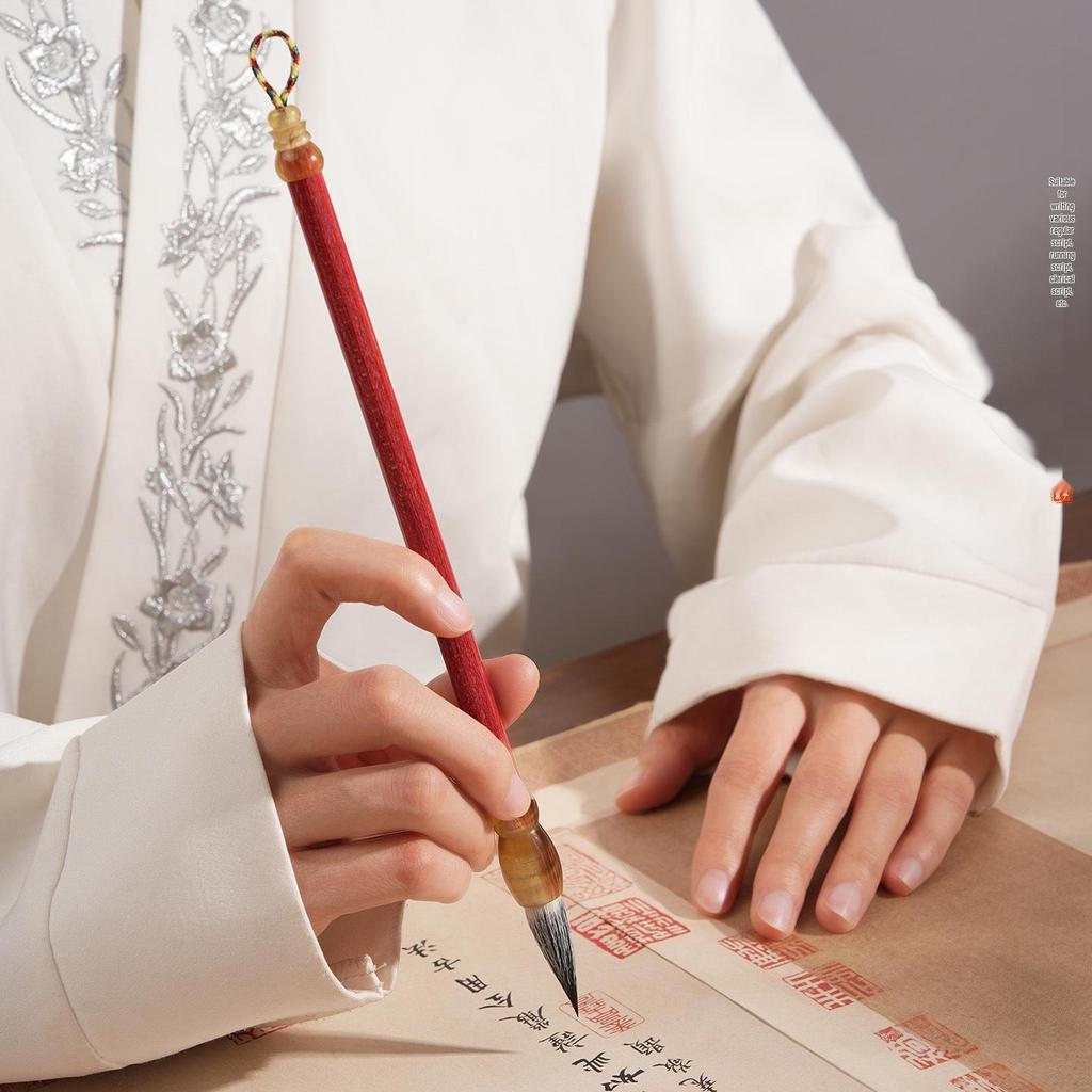 Cold River Snow Calligraphy Brush Set: Soft Brush for Beginners with Creative Gold Splatter Design and Solid Wood Pen Holder for Writing Practice.