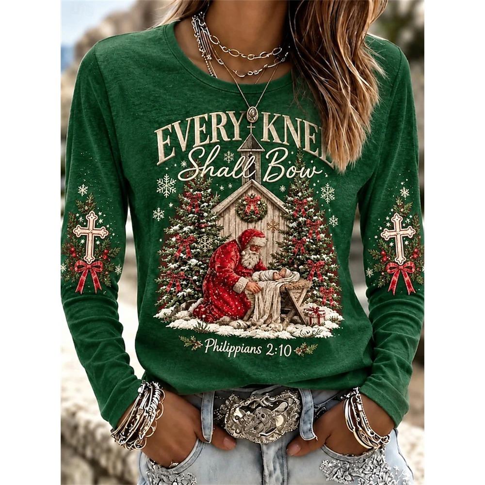 Women’s Autumn Long-Sleeve Christmas T-Shirt Crew-Neck Pullover with Holiday Letter Print Loose Fit Casual Street-Style Top
