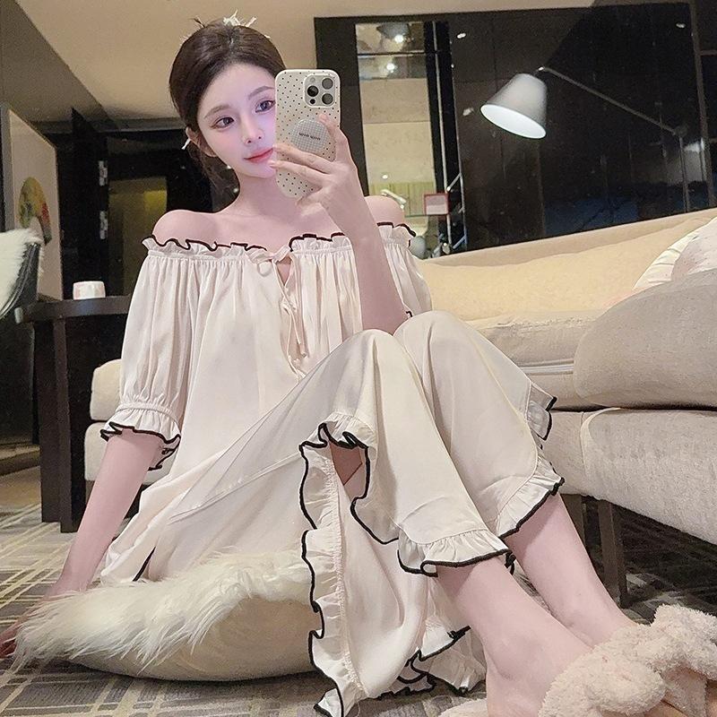New pajamas women's ice silk spring and summer French high-end suit, one-word shoulder can be worn outside, simulated silk loungewear