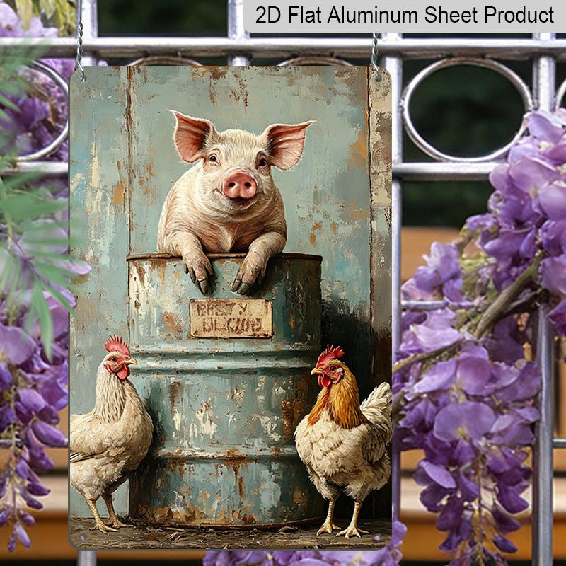 2D Flat, 1pc Rustic Farmhouse Vintage Metal Sign - 8x12 Inch Aluminum Wall Plaque with Whimsical Pig & Chicken Design, No Electricity Needed, Easy
