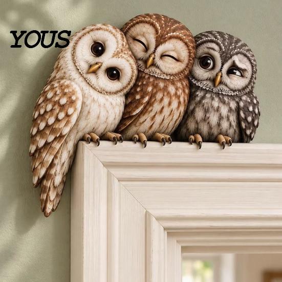 Rustic Farmhouse Bird Door Frame Accent Wooden Owl Topper, Corner Sitter Decor, Whimsical Woodland Animal Natural Inspired Interior Ornament
