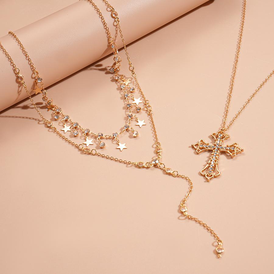 Rhinestone Cross Star Pendant Necklace Set for Women Crystal Y-shaped Necklace Y2K Party Jewelry Accessory