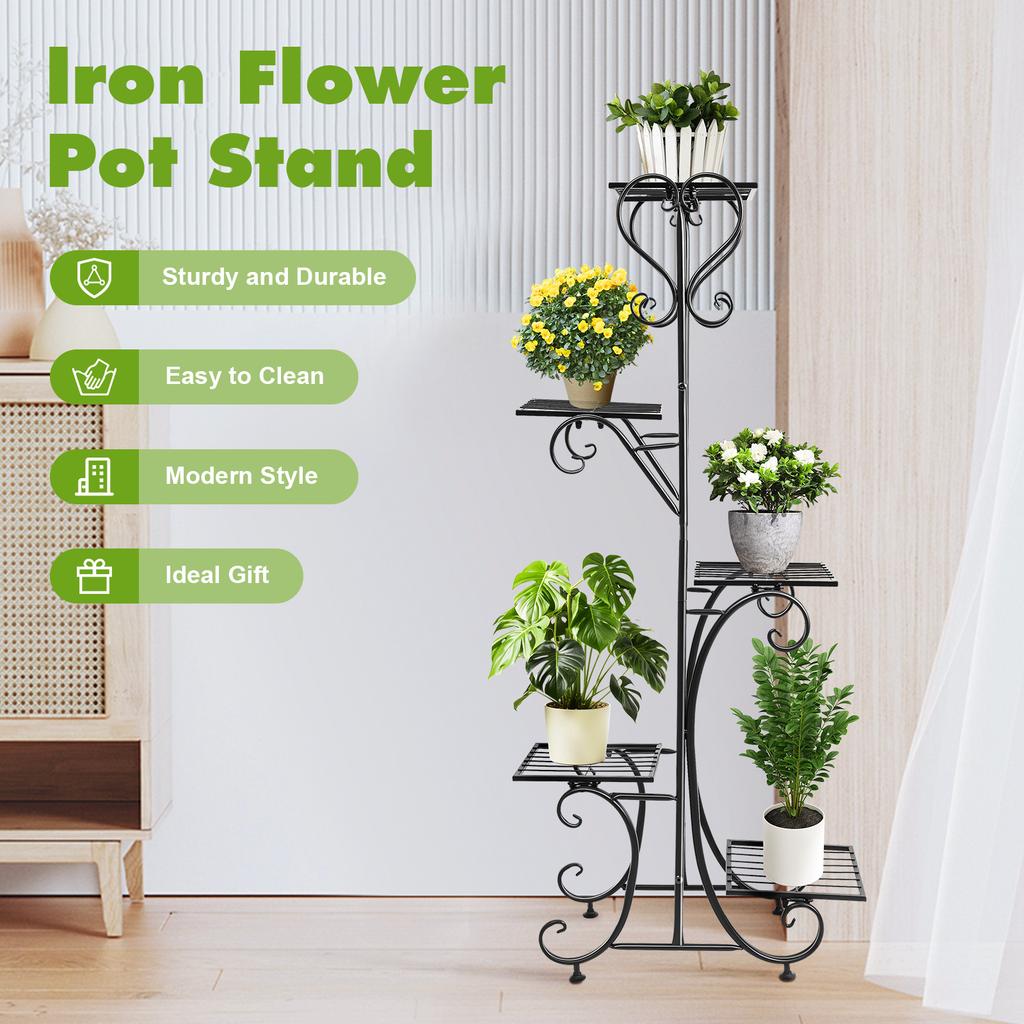 5-Tier Flower Stand, Black Iron Plant Shelf W/ 5 Trays, Modern Baking Paint Display Rack, Multi-Level Floor Standing Organizer