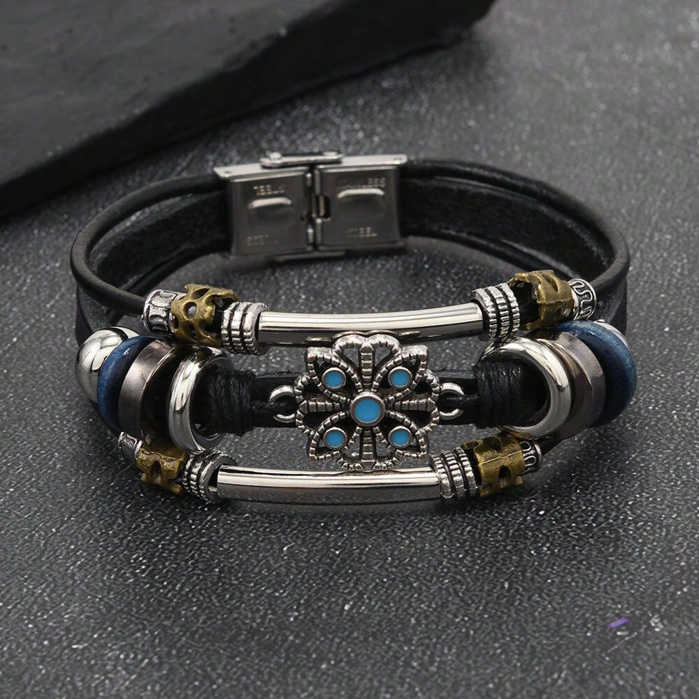 Turquoise Lace Multi-Layer Leather Stainless Steel Bracelet Men And Women Couple Bracelet