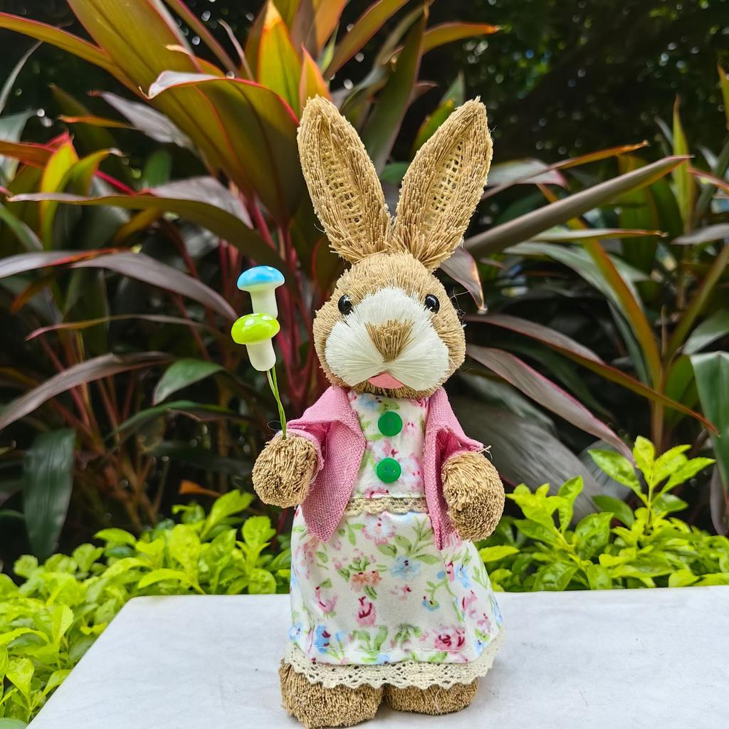 Easter Rabbit Decoration Straw Rabbit Ornament Creative Artificial Bunny Figure 25cm Home Holiday Cute with Flower Wreath