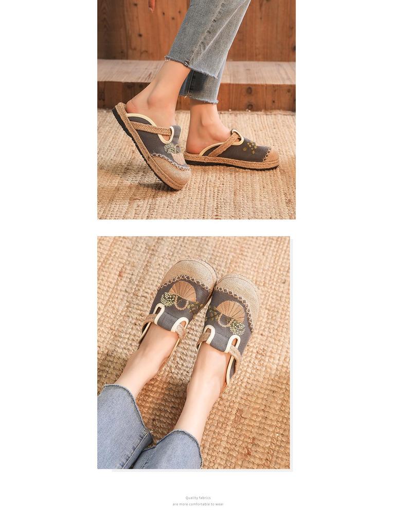 2025 Ethnic Women's Embroidered Outdoor Flat Slippers with Linen Midsole