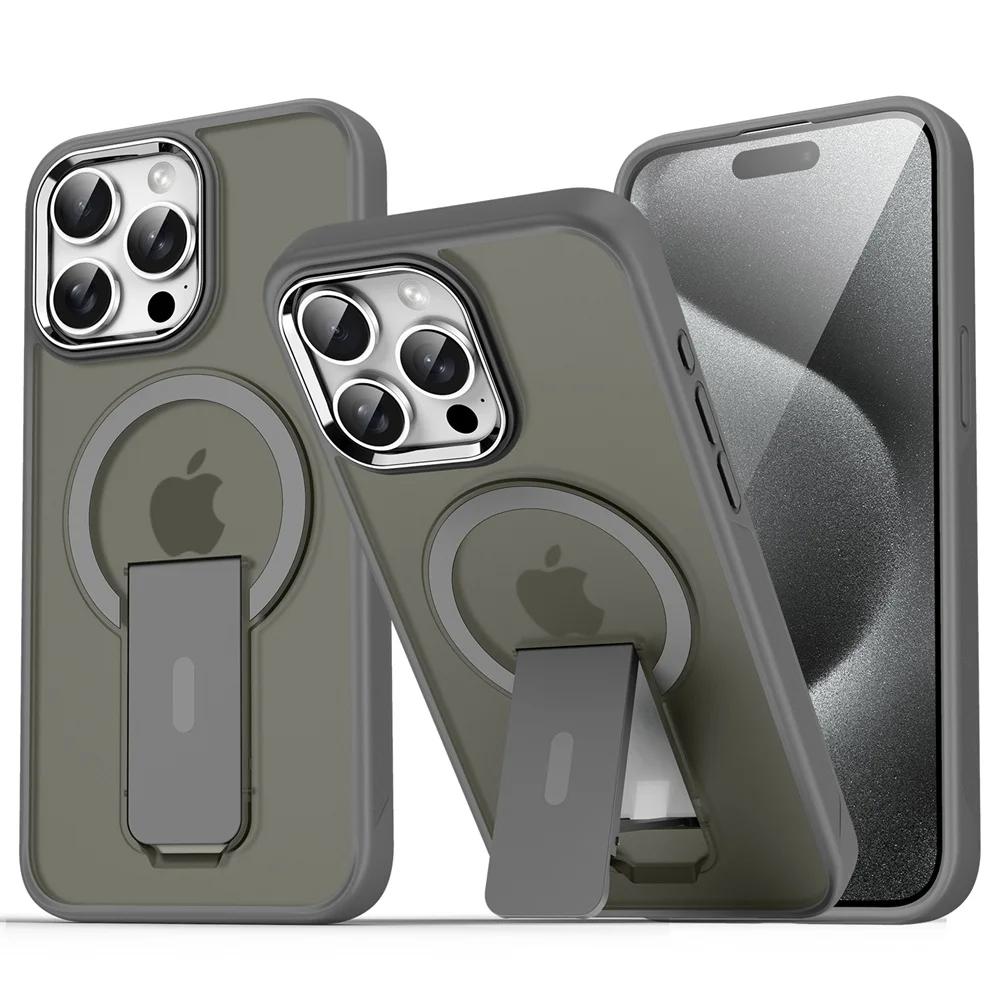 

Luxury For Magsafe Folding Stand Magnetic Phone Case For 16 15 14 13 12 17 Pro Max Plus Matte Translucent Back Cover Caps For iPhone 16 серый