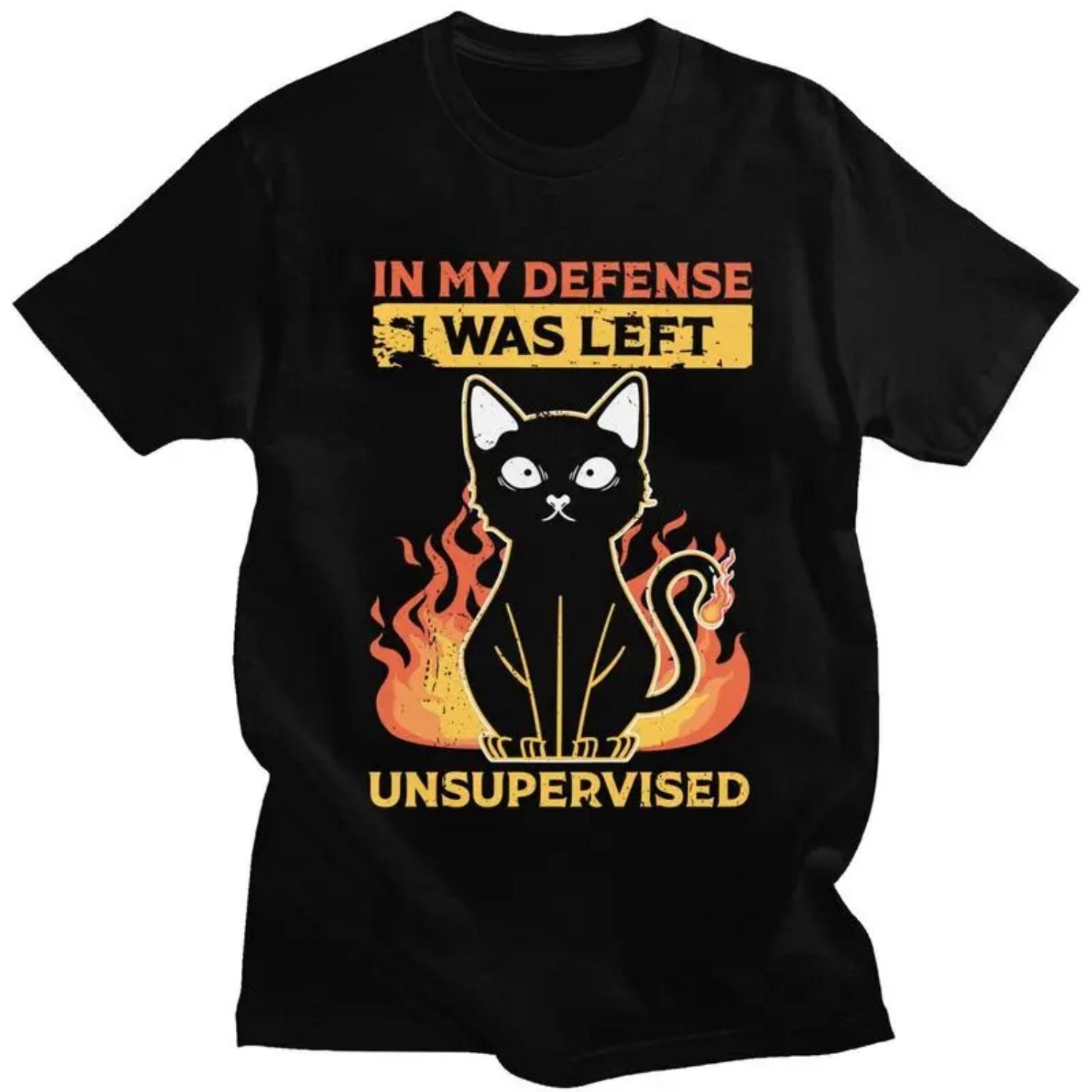 

Custom In My Defense I Was Left Unsupervised Funny Cat T Shirt Men Pure Cotton T-shirt Tee Tops Streetwear Tshirt S чёрный