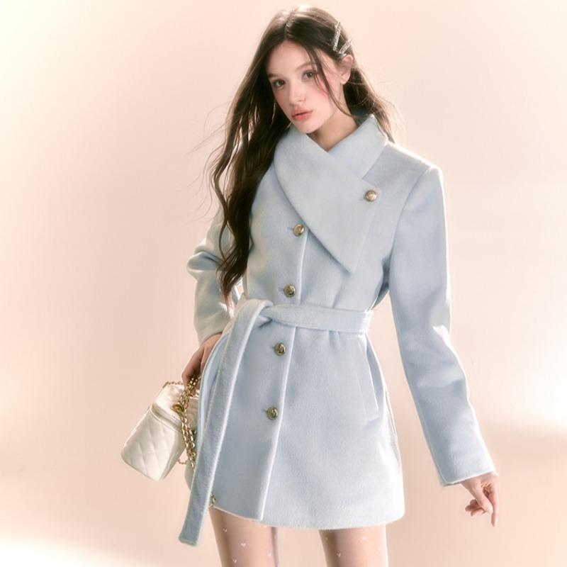 Winter Women's Sweet Thickened Blue Wool Coat
