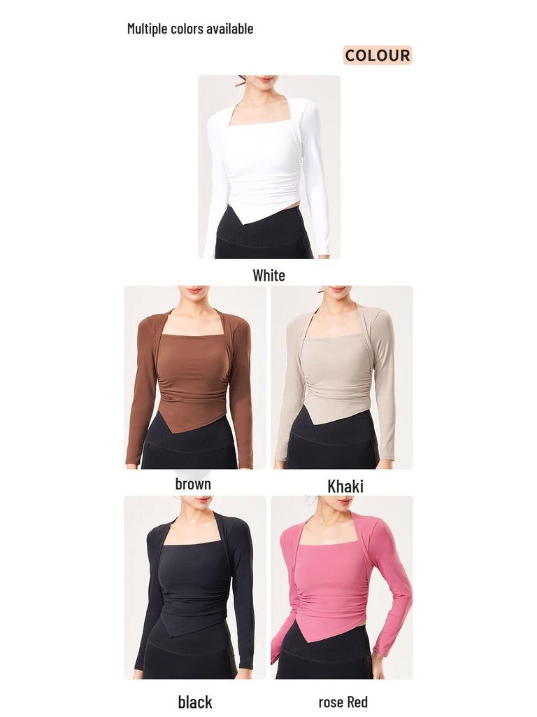 Women's Long-Sleeve Yoga Suit with Padded Waterdrop Cup and Ruched Slim-Fit Sports Top