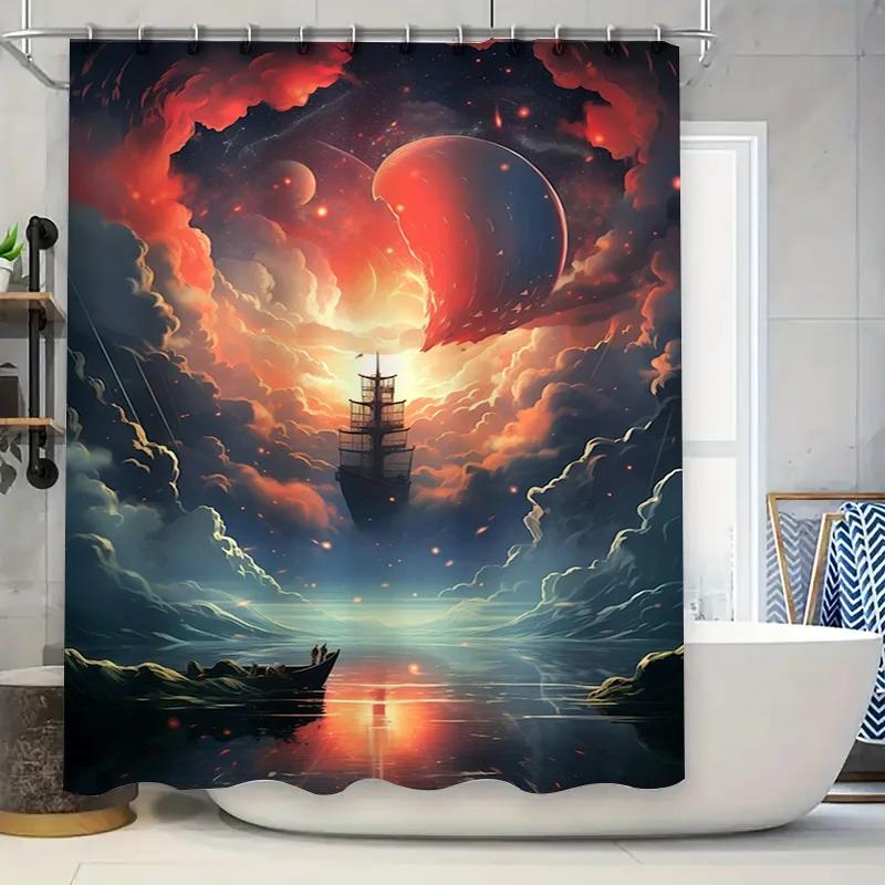 

Stunning Space-Themed Shower Curtain With Moon Stars Design Modern Bathroom Decor For Home Includes Grommets Hooks (Orange/Black W60H190(CM)-1 Pcs