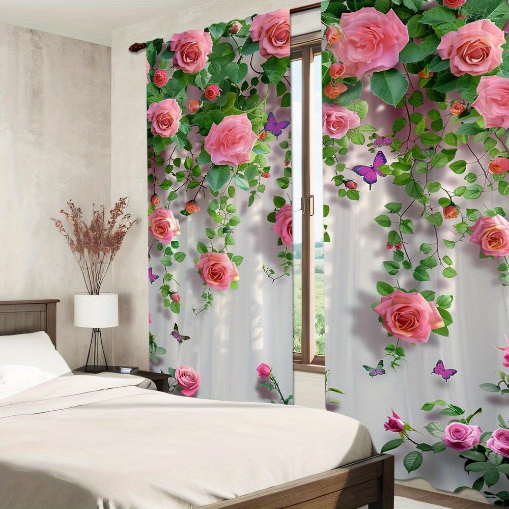 2-Piece Set Pink Rose & Butterfly Curtains Rod Pocket Design For Easy Hanging   For Bedroom Living Room  Blinds WindowsDecor