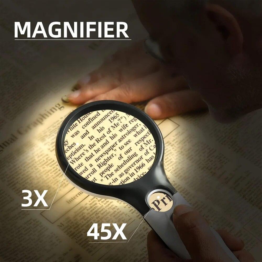 Handheld Double Lens 3x-45x Magnifier 3 Lights For Jewelry Appraisal Reading By Elderly 6902