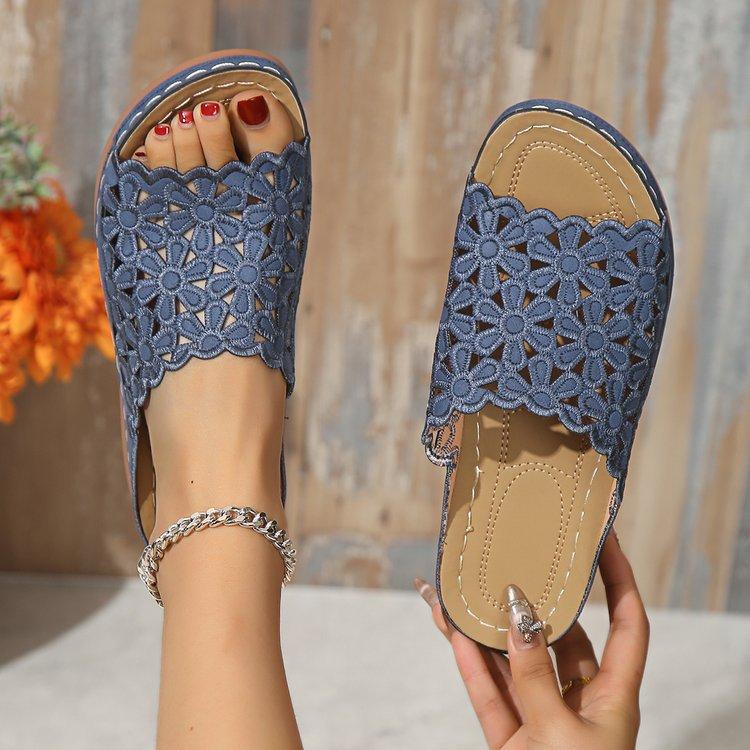 Summer simple casual flower hollow PU medium heel women's wedge slippers