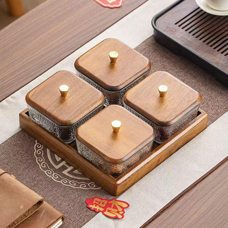 Compartmented Walnut Wood and Glass Snack Tray
