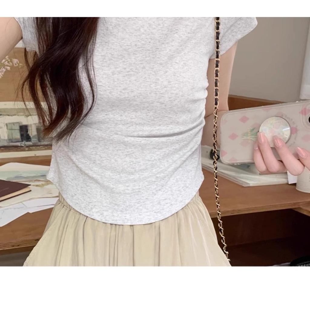 Sweet and Pure Desire Shoulder Short Sleeved T-shirt for Women, Embroidered with Bow, Spring and Summer Version Pleated Waist Cinching Short Top