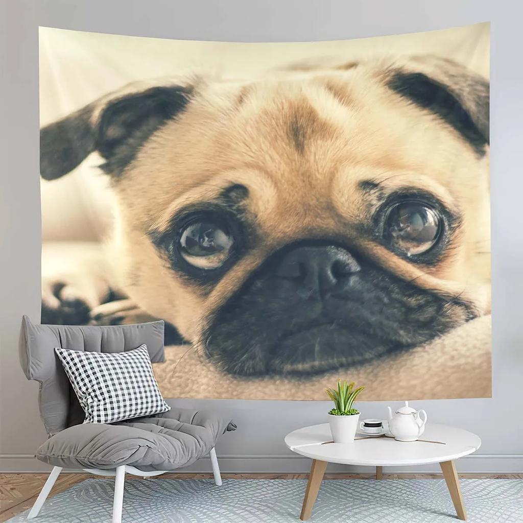 Cute Pug Dog Tapestry Animals Illustration Tapestry Dazed Puppy Tapestry Wall Hanging Tapestries Art Living Room Bedroom Dorm