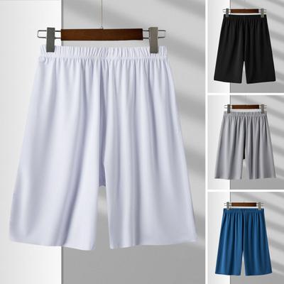 Pantalones cortos de pijama para hombre, ropa para el hogar, pantalones cortos con cintura elástica, pierna ancha plisada, holgados, suaves, transpirables, con entrepierna profunda, pantalones cortos informales finos hasta la rodilla