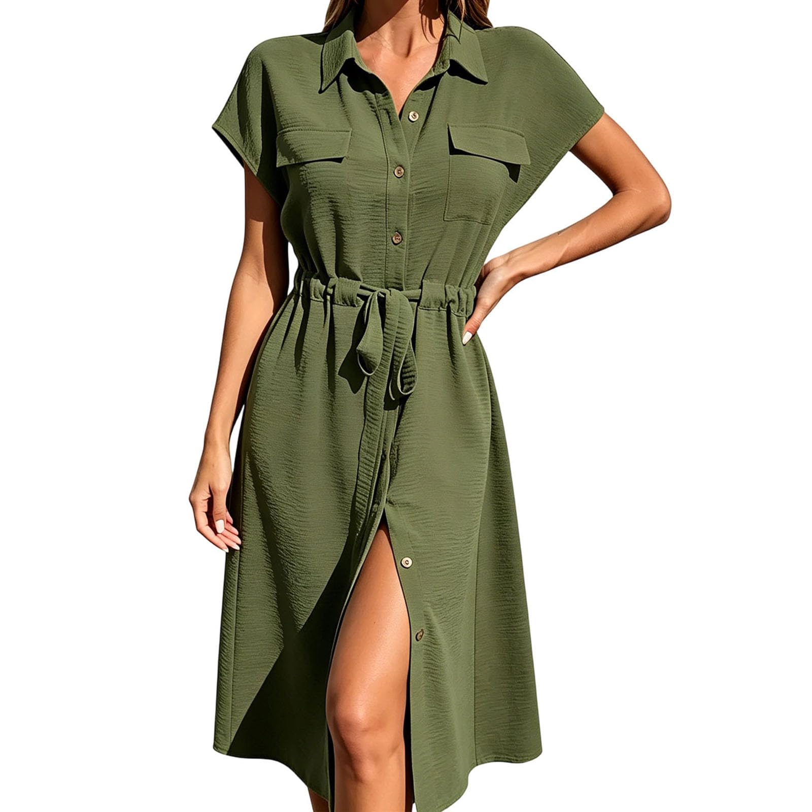 Women Casual Button Down Shirt Dress with Waist Tie Short Sleeve Lapel Collar Front Pocket Midi Length S