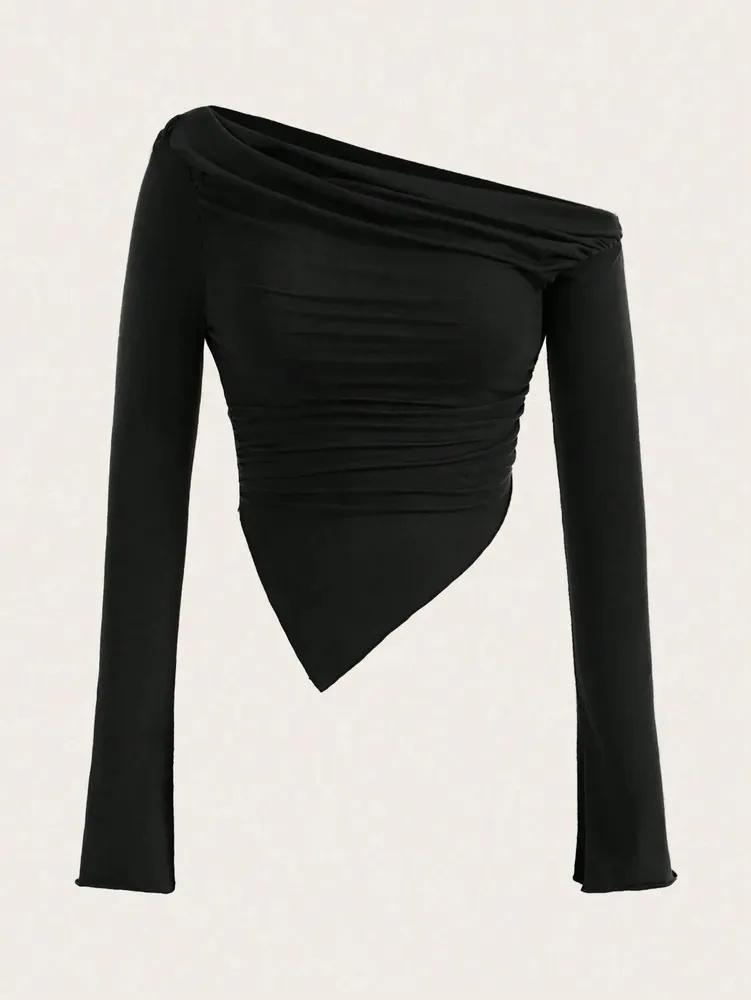 

Футболка phumee на одно плечо, с длинным рукавом, плиссированная, треугольная A1906 S чёрный