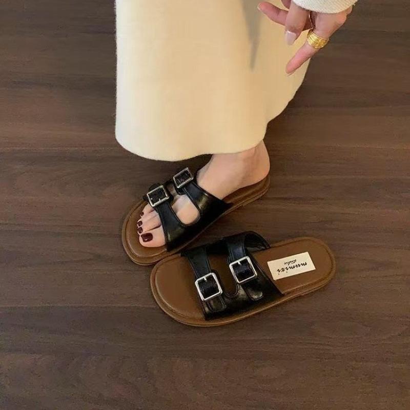 Fashion 2025 New Summer Fashion Open Toe Breathable Women Slippers Outdoor Casual Beach Low Heels Sandals Classical Buckle Slippers