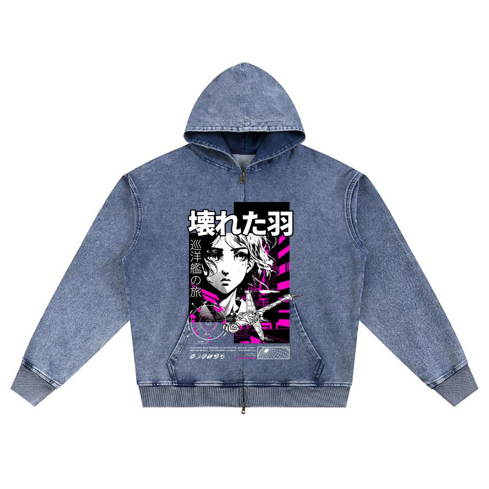 DTG Print Knitted Denim Zip-Up Hoodie Anime Broken Wings Neon Japanese Style Brother Print Zipper Hoodies  