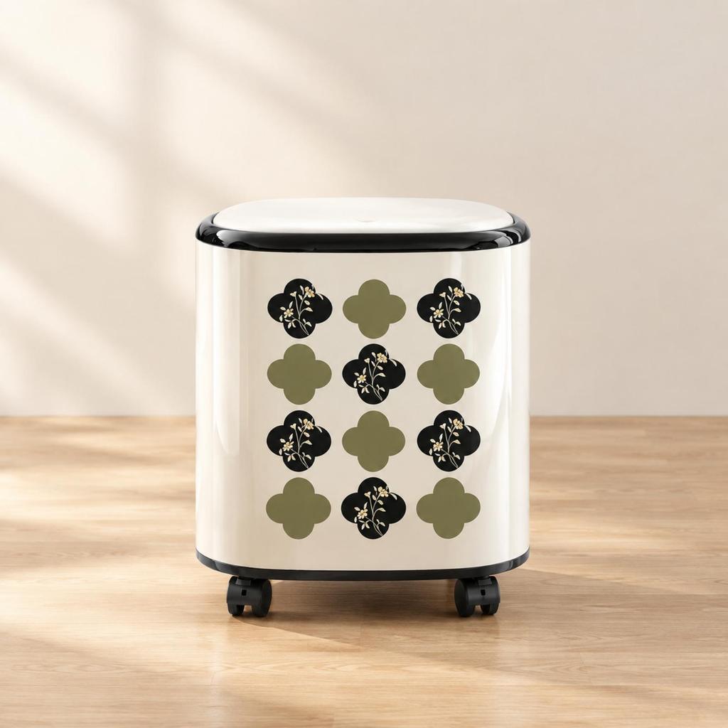 Wheeled Trash Bin with Floral Pattern Lidded Compact Rolling Waste Portable Can