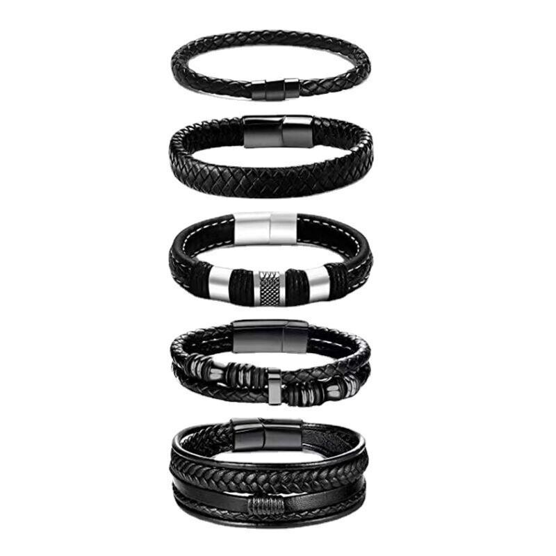 Mens Leather Braided Magnetic Multi-Layer Bracelet Set Geometric Style Unisex Handmade Jewelry