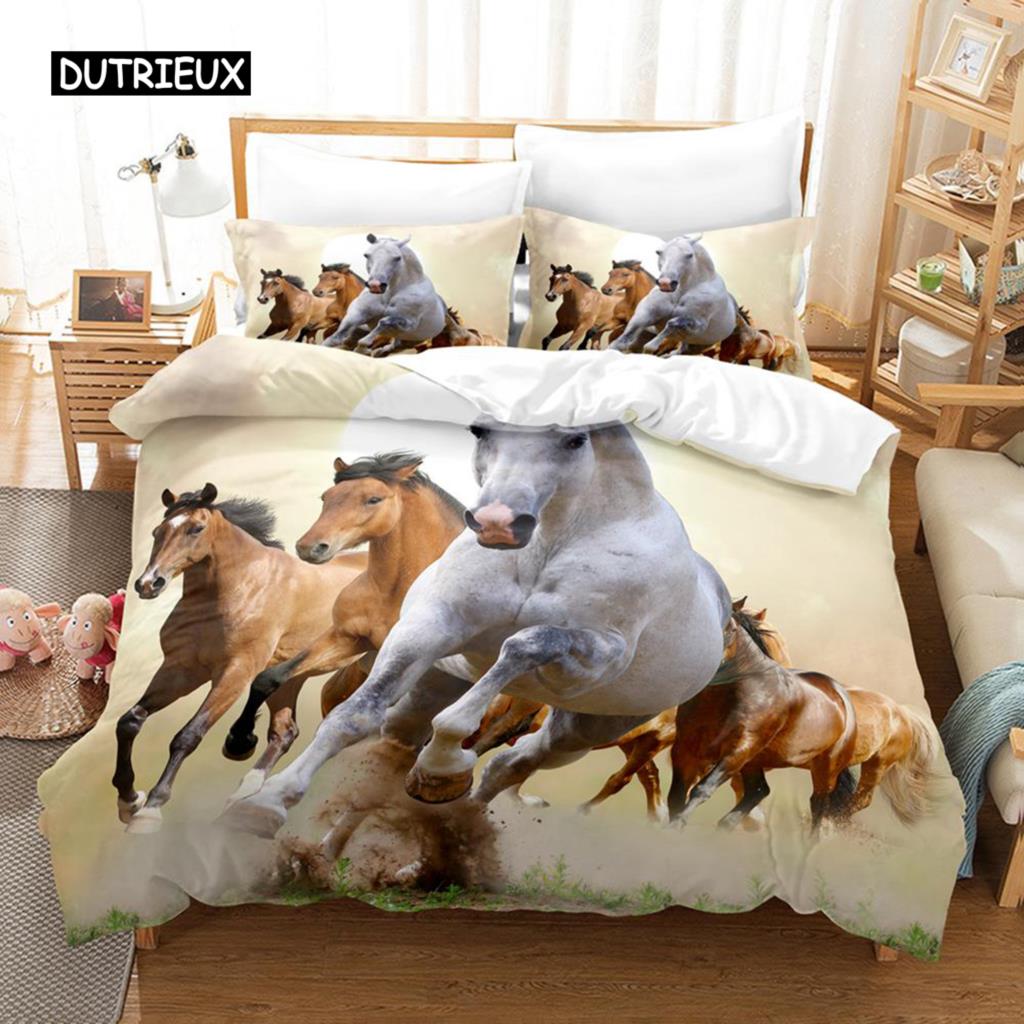 Polyester Comfortable White Horse Pattern Duvet Cover Set With Duvet Cover And Pillowcases King Queen Twin Sizes For All Ages