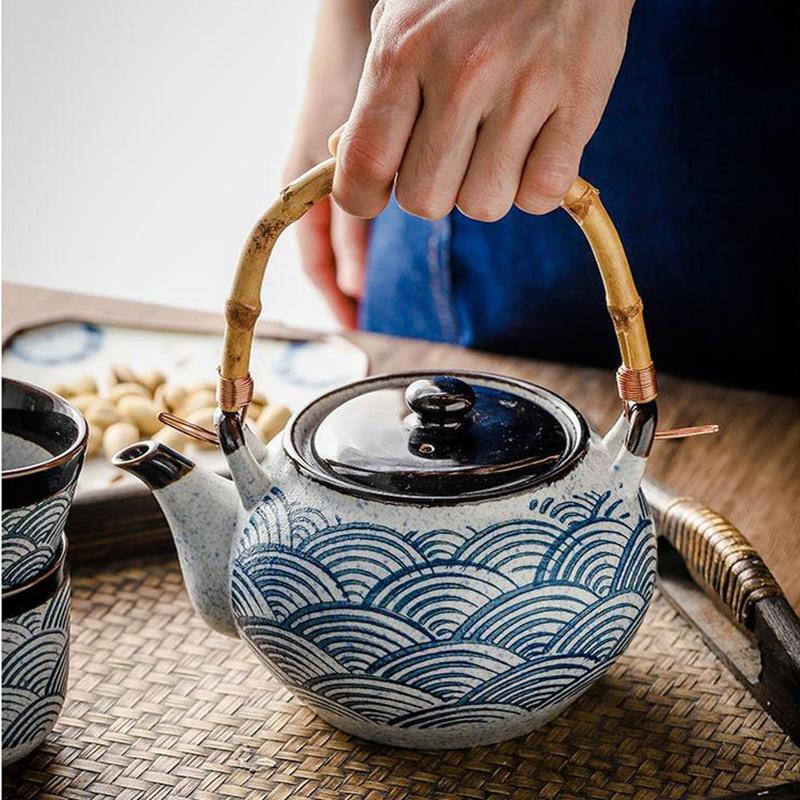 Ceramic Teapot Crockery Portable Kettle Tea Cup Blue Wave Water Ware Porcelain Chinese Kung Fu Drink Ware For Tea Ceremony